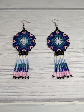 Blue and Pink Beaded Fringe Earrings - Handmade Floral Medallion